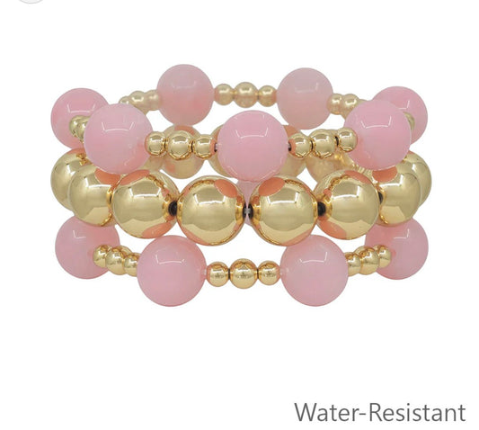 Pink Natural Stone Beaded Stretch Bracelet-Water resistant
