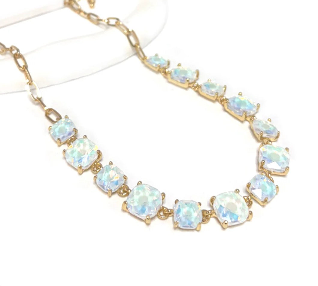 Pastel White Squared Glass Crystal and Gold Chain 16"-18" Necklace