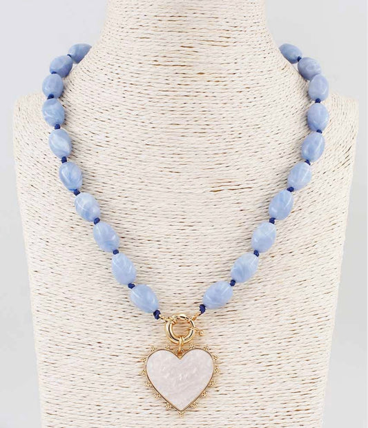Blue Beaded with Pearlized Heart 16"-18" Necklace