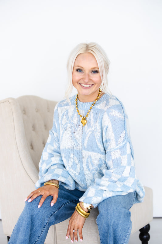 Light Blue Bow Check Sweater